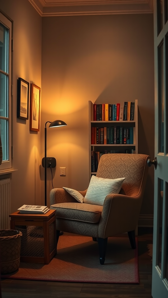 A cozy reading nook with a warm light, comfy chair, and book shelf.