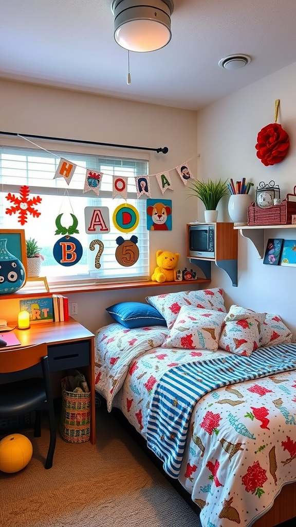 A cozy single dorm room featuring seasonal decor, including colorful bedding and wall art.