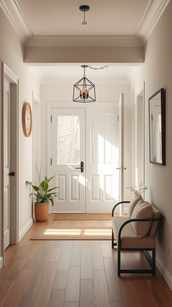 A bright and welcoming hallway with a cozy chair, a plant, and double doors.