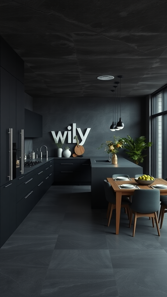 A modern dark kitchen featuring black cabinetry, a wooden dining table, and large windows.