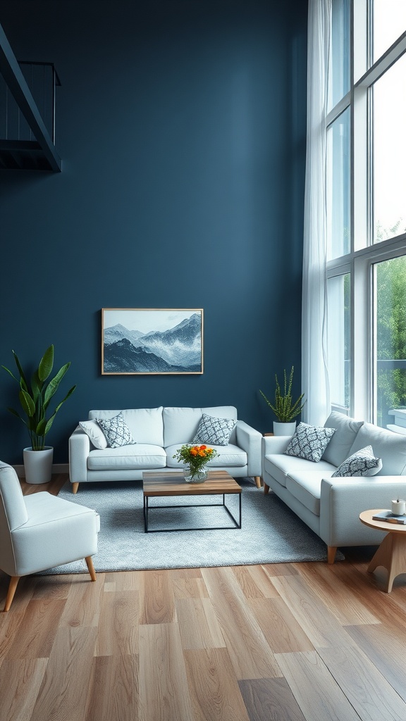 A stylish living room with dark blue walls, white furniture, and wooden flooring.