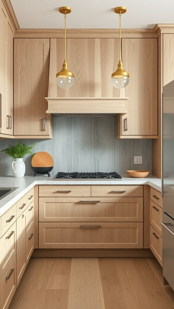 Bright kitchen featuring white oak cabinets and stylish pendant lights.