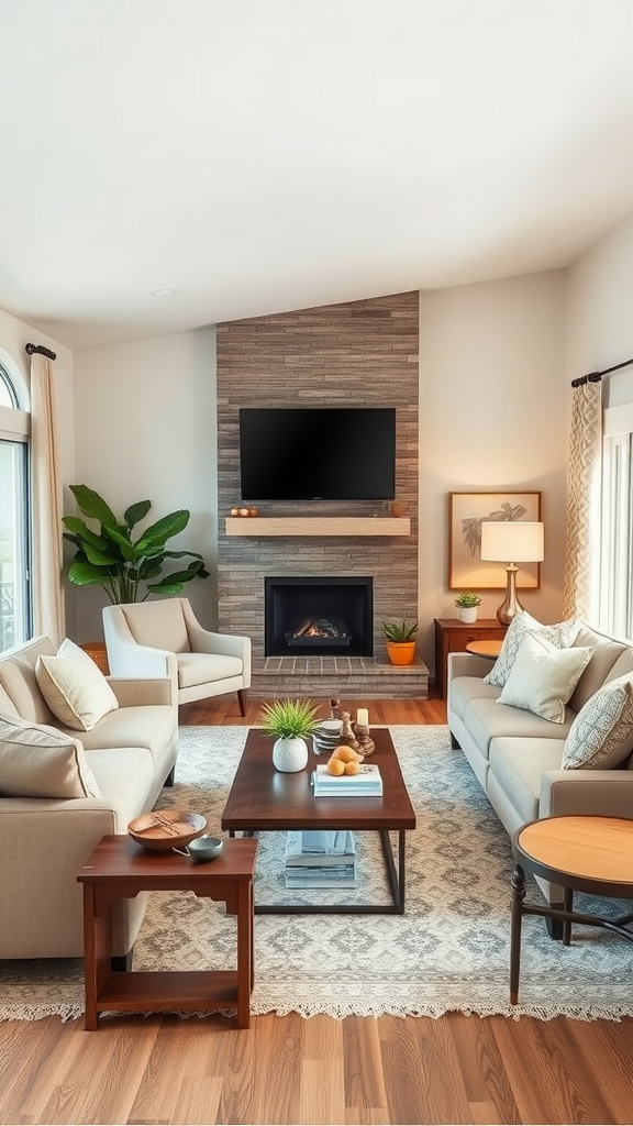 A cozy ranch-style living room with seating and a fireplace.