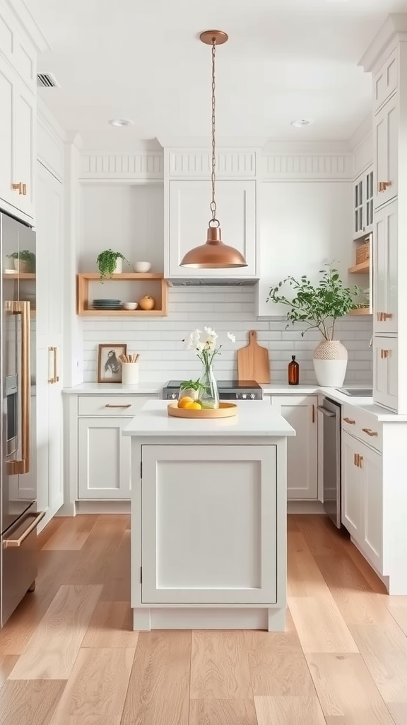 Narrow kitchen island in a bright, modern kitchen with white cabinets and wooden accents.