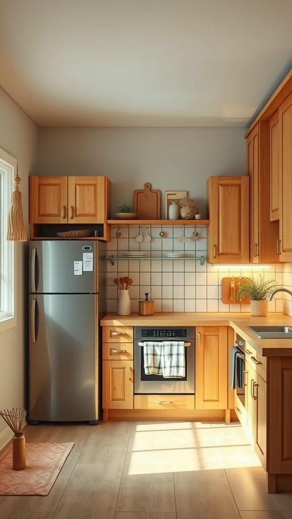 A bright kitchen featuring lightwood cabinets, a silver refrigerator, and a cozy decor.