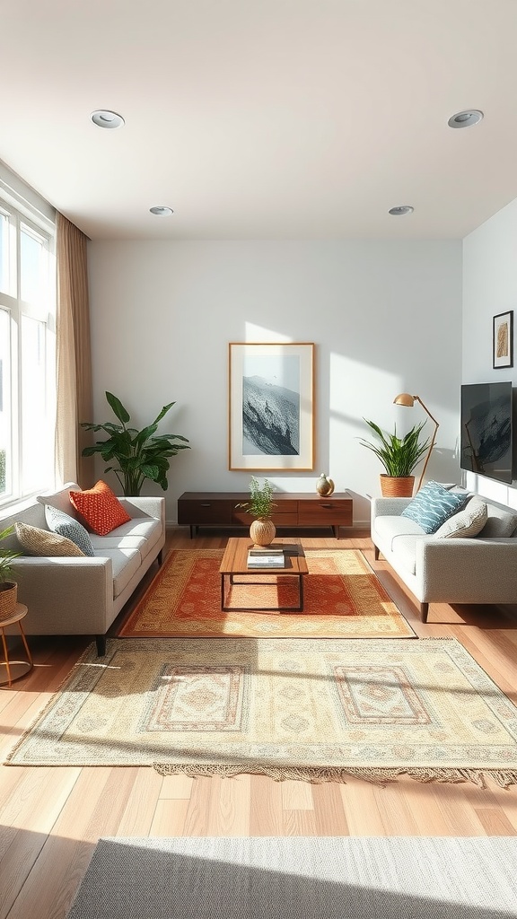 A modern cozy living room with two sofas, plants, and rugs creating defined zones.