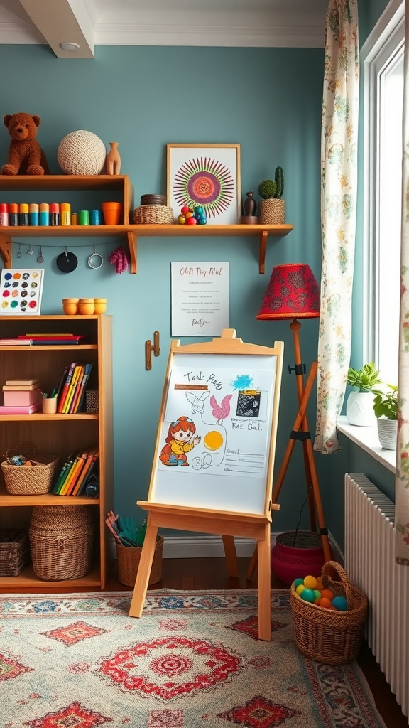 A colorful and cozy art nook in a playroom with an easel, art supplies, and shelves.