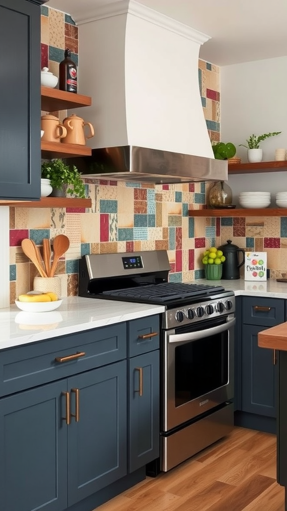 A vibrant kitchen with a colorful patterned backsplash and navy blue cabinets.