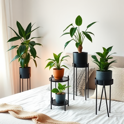 A cozy room with several black plant stands holding various plants on a bed.