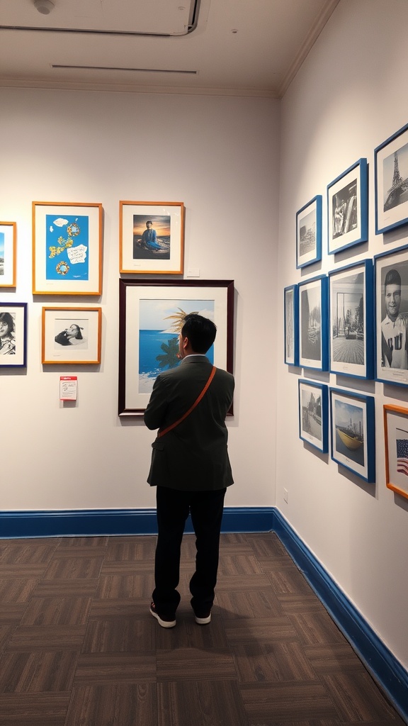 A person admiring a gallery wall with blue and white framed art in a living room setting.