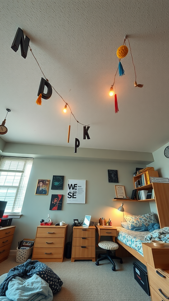 A cozy dorm room with creative ceiling decor, including string lights and hanging letters.