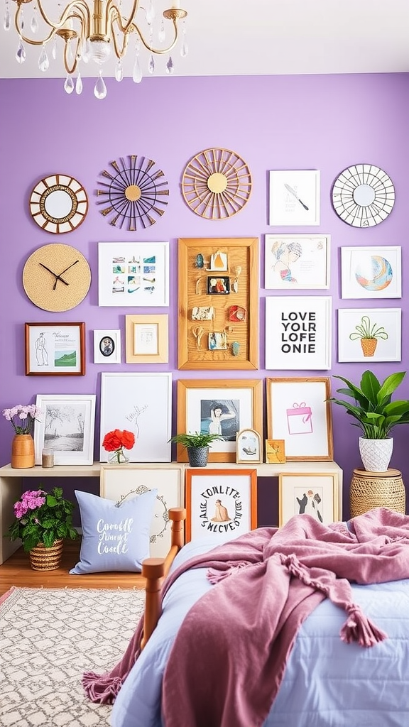 A colorful wall with various frames and decor items, showcasing a cozy bedroom atmosphere.