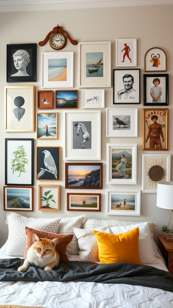 A cozy gallery wall featuring a variety of framed artwork, a clock, and a cat lounging on a bed.