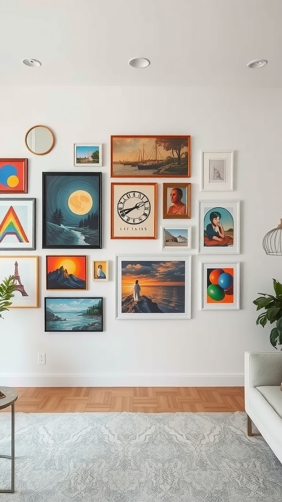 A colorful gallery wall featuring various framed artworks and a clock.