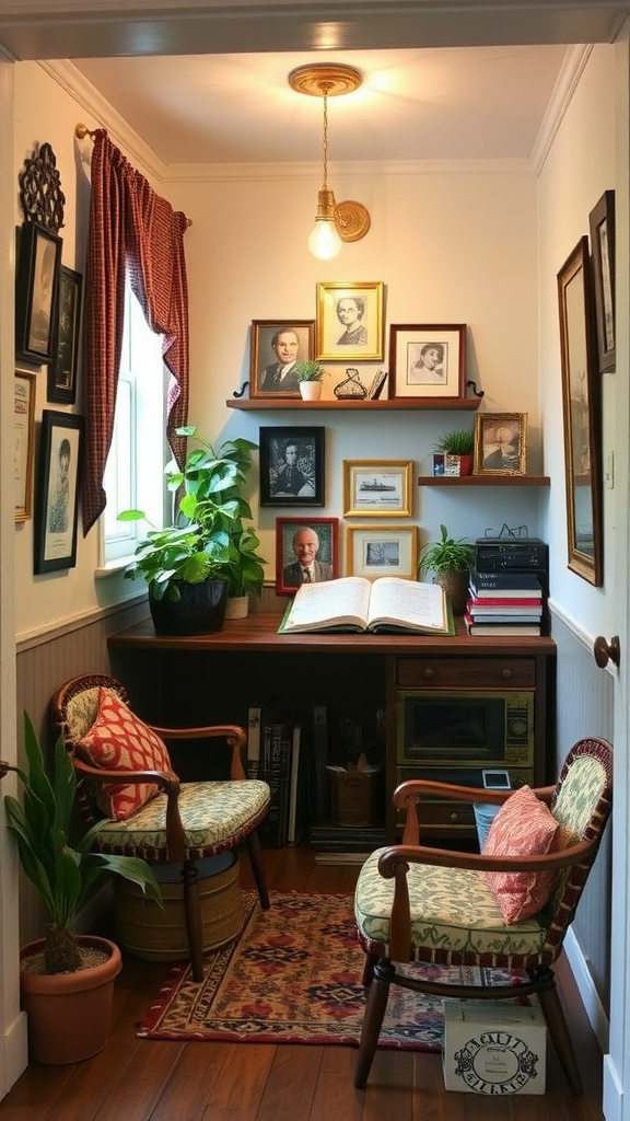 A cozy nook featuring vintage decor, plants, and comfortable seating.