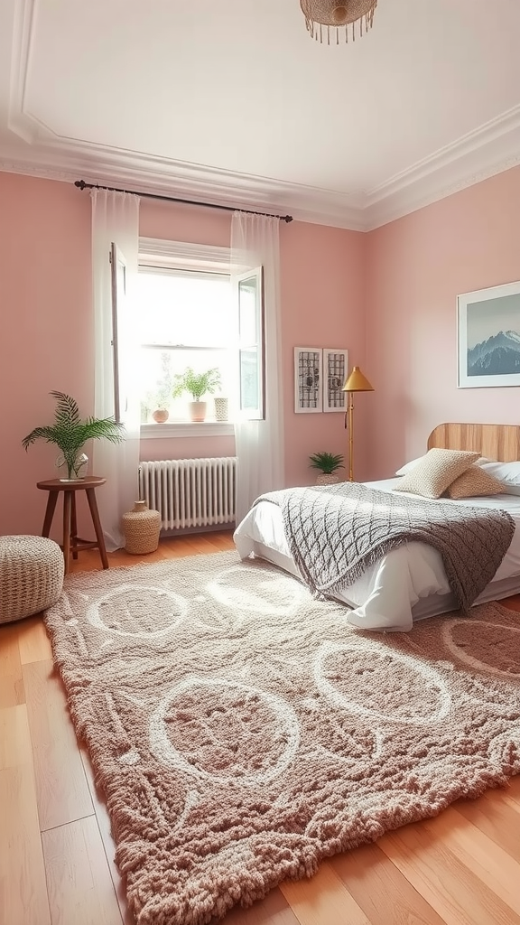 A cozy bedroom featuring a soft, textured rug with circular patterns, complemented by light pink walls and natural light.