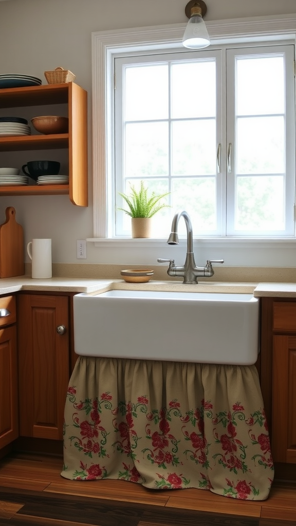 Farmhouse kitchen sink with a floral skirt, showcasing a cozy and inviting atmosphere.