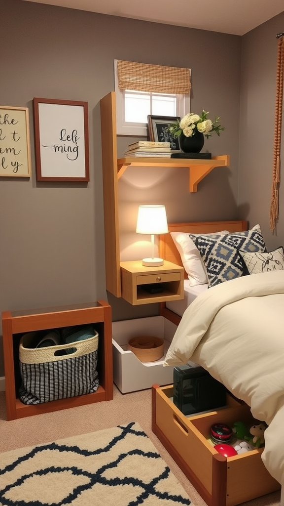 A cozy bedroom featuring creative storage solutions like shelves and under-bed drawers.