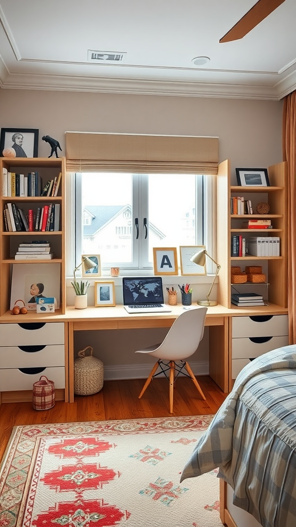 A well-organized study space featuring a wooden desk with bookshelves, a computer, and personal decor.