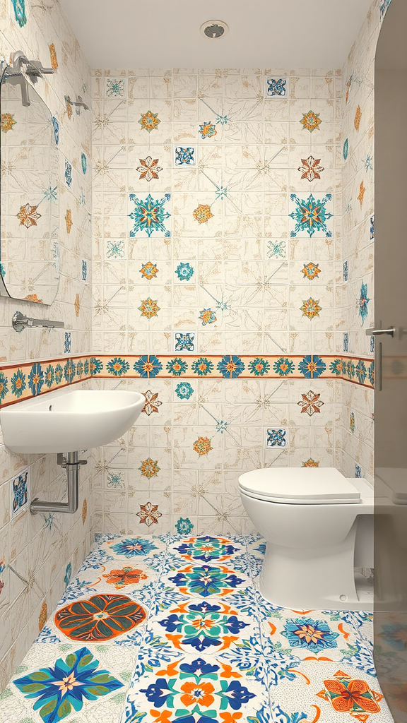 A small bathroom featuring colorful patterned tiles on the walls and floor.