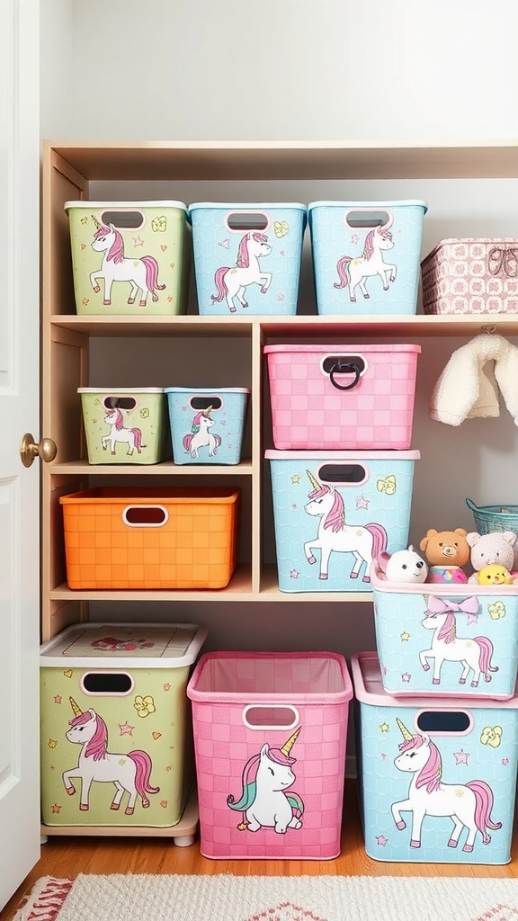 Colorful unicorn-themed storage bins on shelves in a nursery.