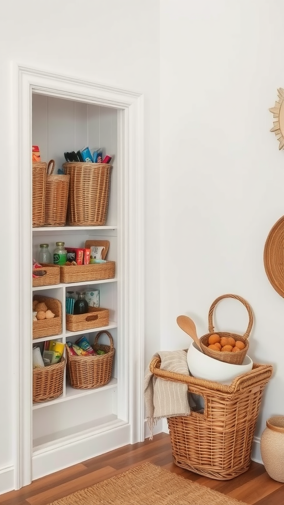 A corner kitchen pantry with neatly arranged wicker baskets storing various items.