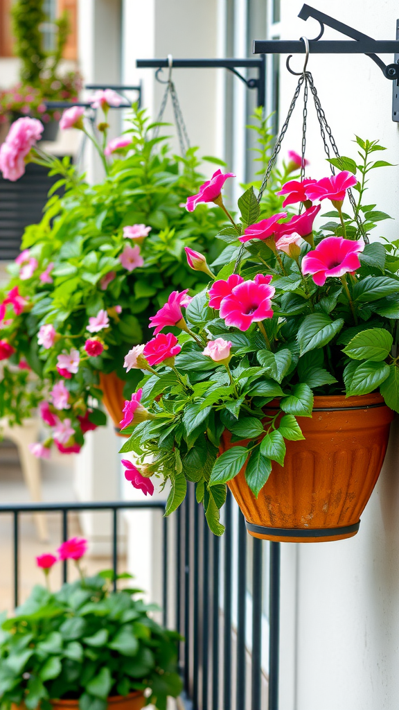 Colorful hanging baskets filled with pink flowers on a balcony.