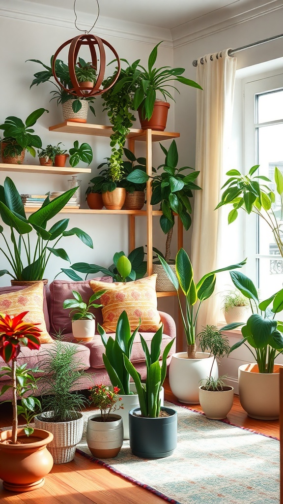 A colorful living room filled with various house plants and cozy decor.