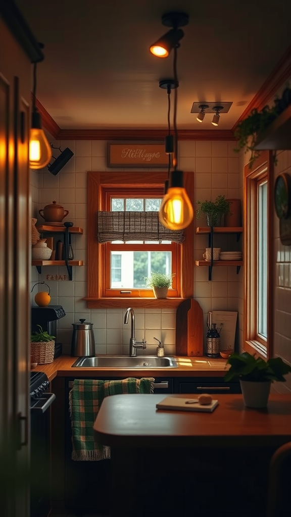 A cozy kitchen with warm lighting from pendant lamps and natural light coming through the window.