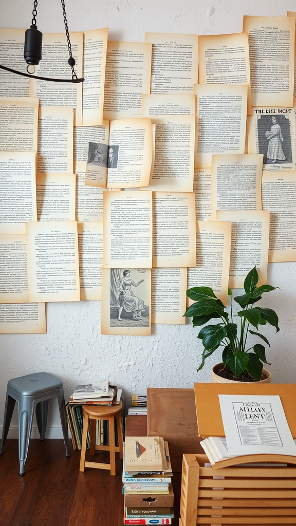 A vintage-inspired craft room with old book pages decorating the wall.