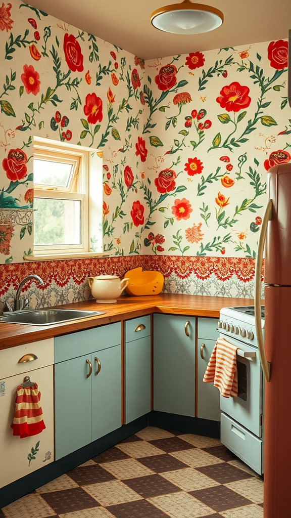 A vintage kitchen with floral retro wallpaper, wooden countertops, and a classic stove.