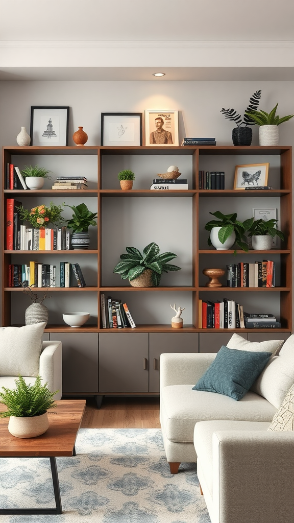 Cozy eclectic living room with a wooden shelving unit filled with books and plants.