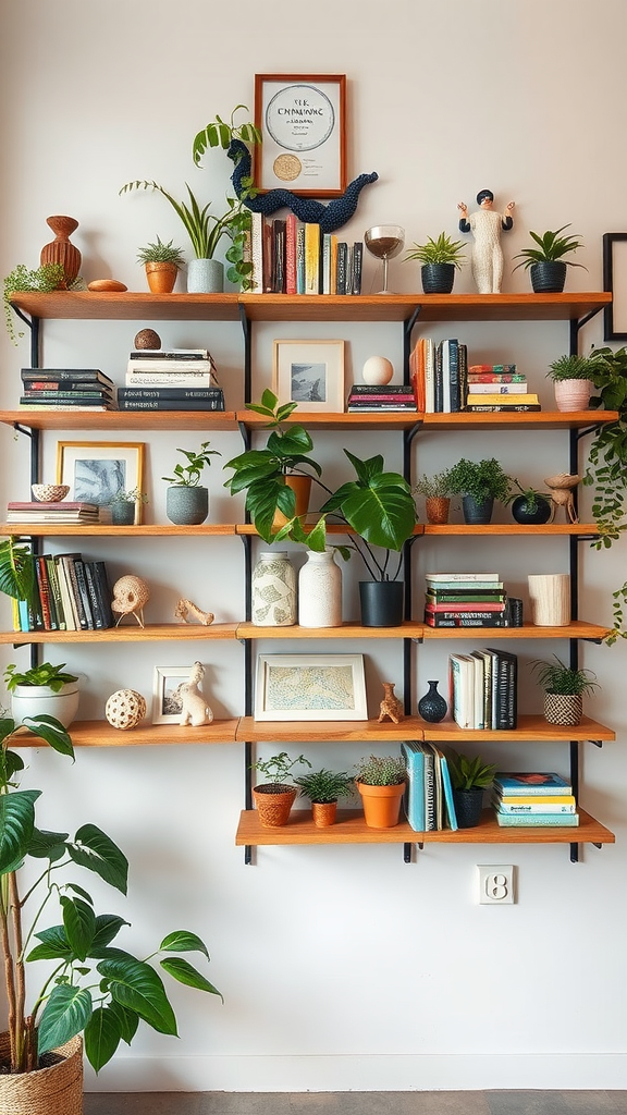 An eclectic and stylish shelving unit filled with plants, books, and decorative items.