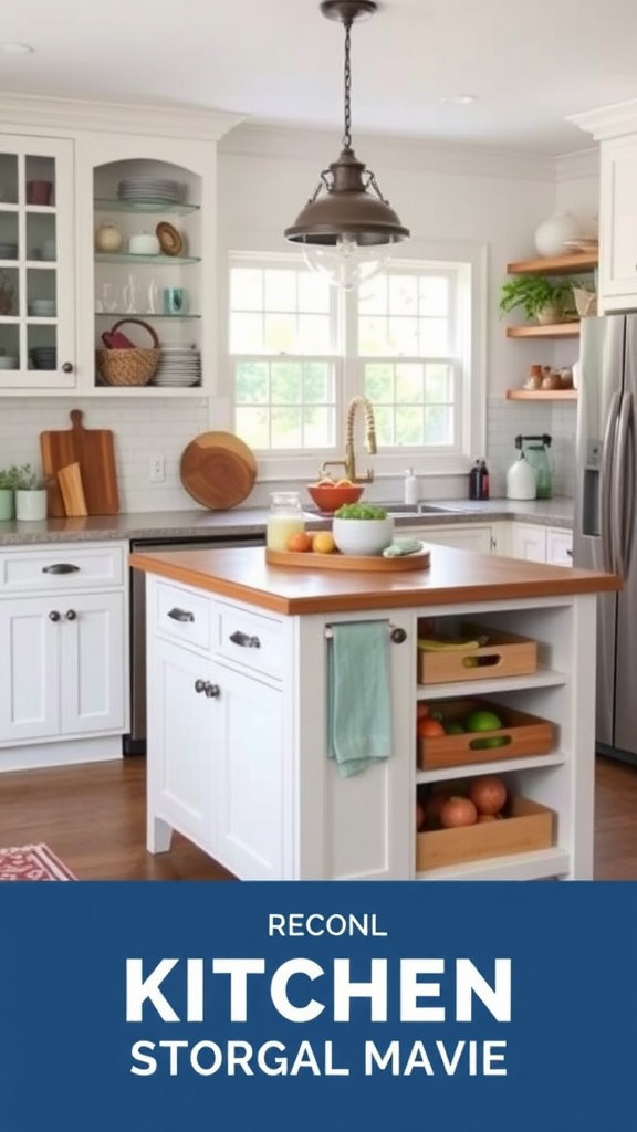 A bright and spacious farmhouse kitchen with an island featuring storage and a wooden top.