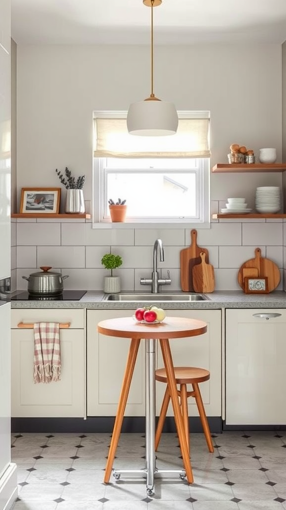 Bright and tidy small kitchen with round table, open shelves, and modern decor.