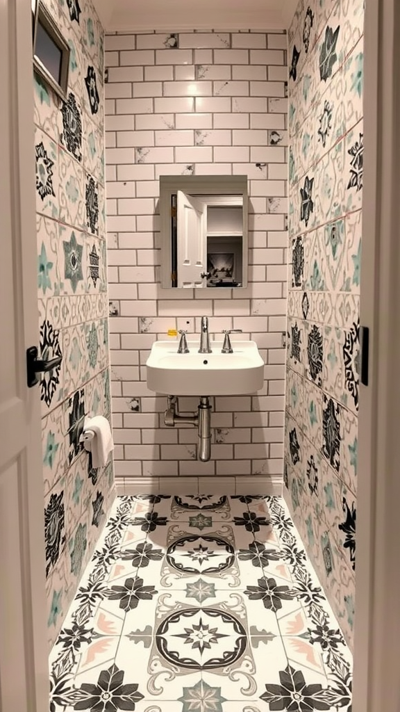 A stylish bathroom with patterned tiles on the walls and floor.