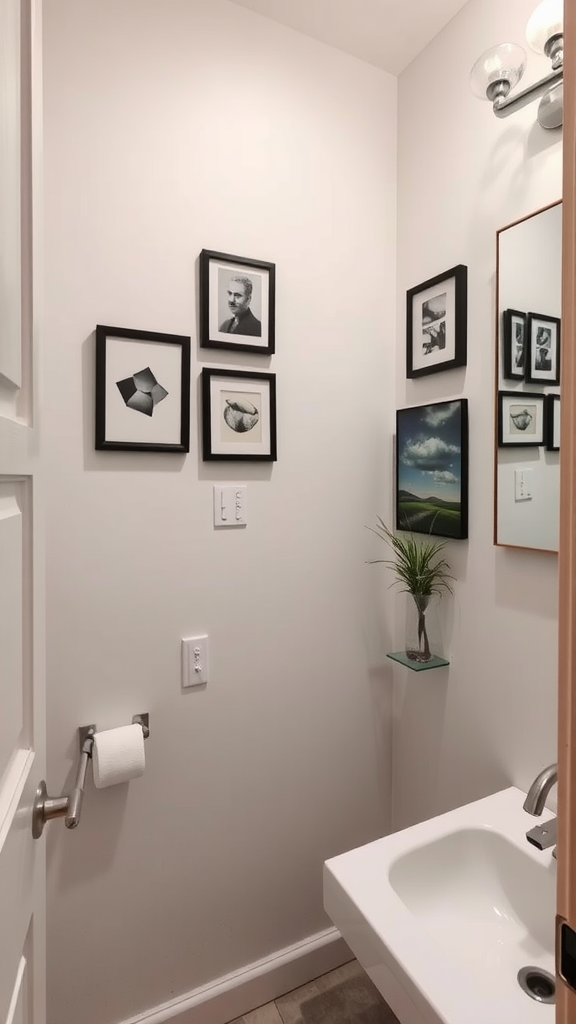 Small bathroom with framed wall art and a modern sink.