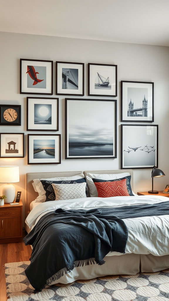 A stylish bedroom with a creative gallery wall featuring various framed artworks.