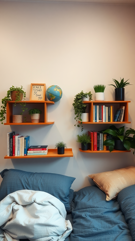 Creative wall shelves with books and plants in a dorm room