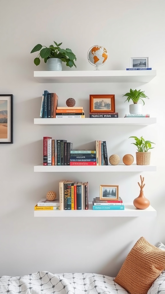 White shelves displaying books, plants, and decorative items in a dorm room.