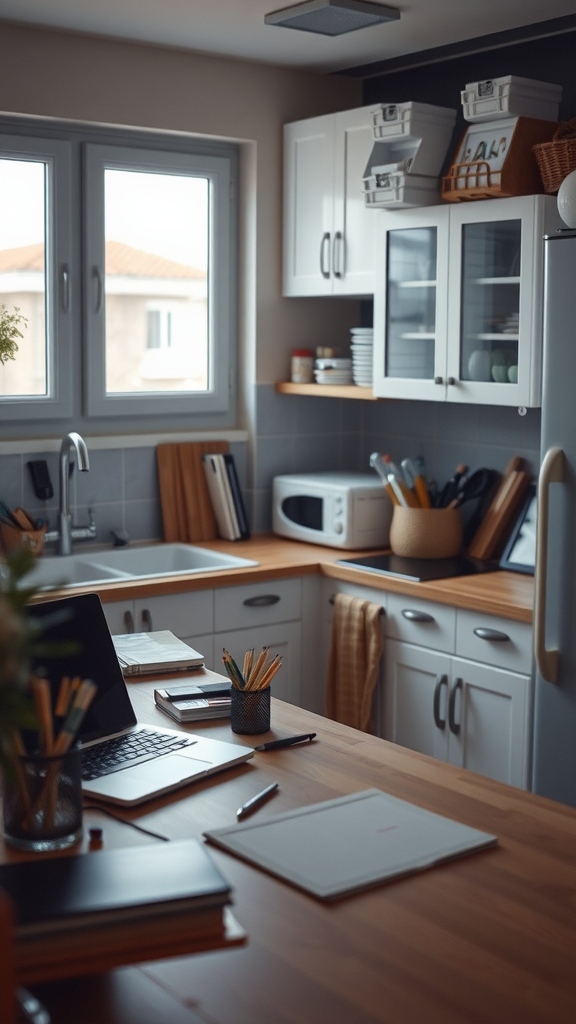 A cozy kitchen with a workspace featuring a laptop, notebooks, and kitchen appliances.