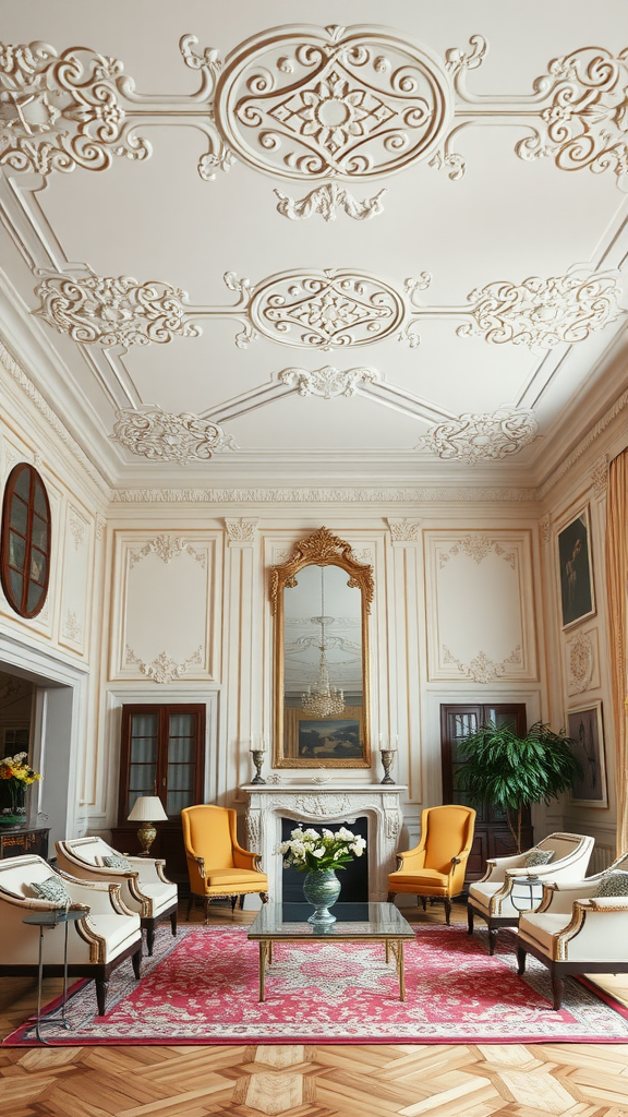 A luxurious Parisian living room with ornate crown molding and elegant furniture.