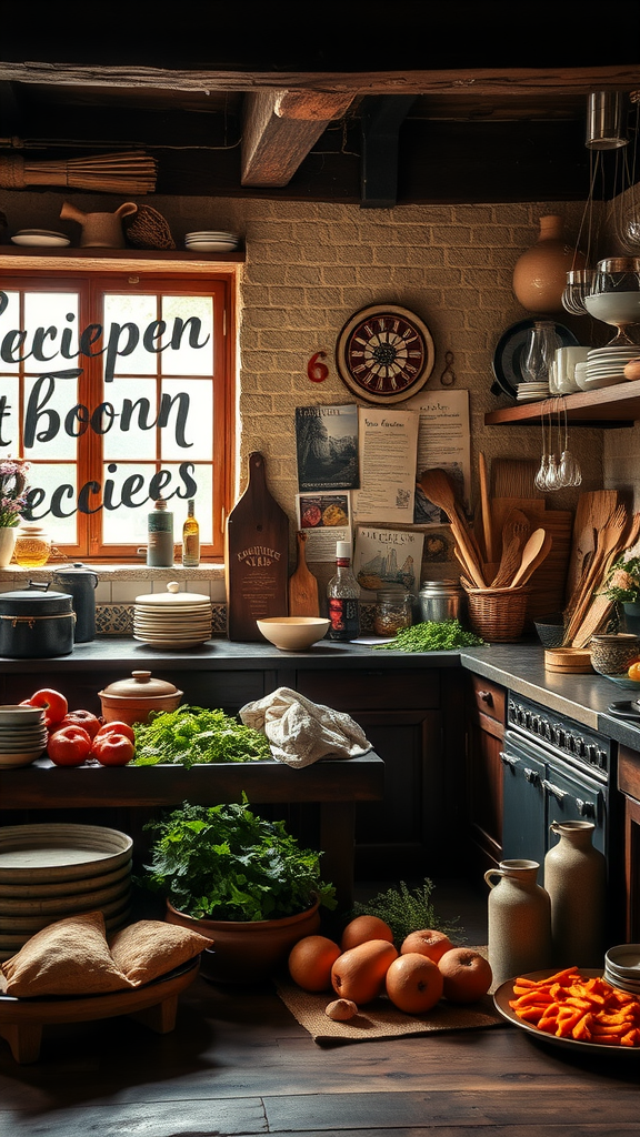 A cozy old-world kitchen filled with fresh vegetables, herbs, and rustic kitchenware.