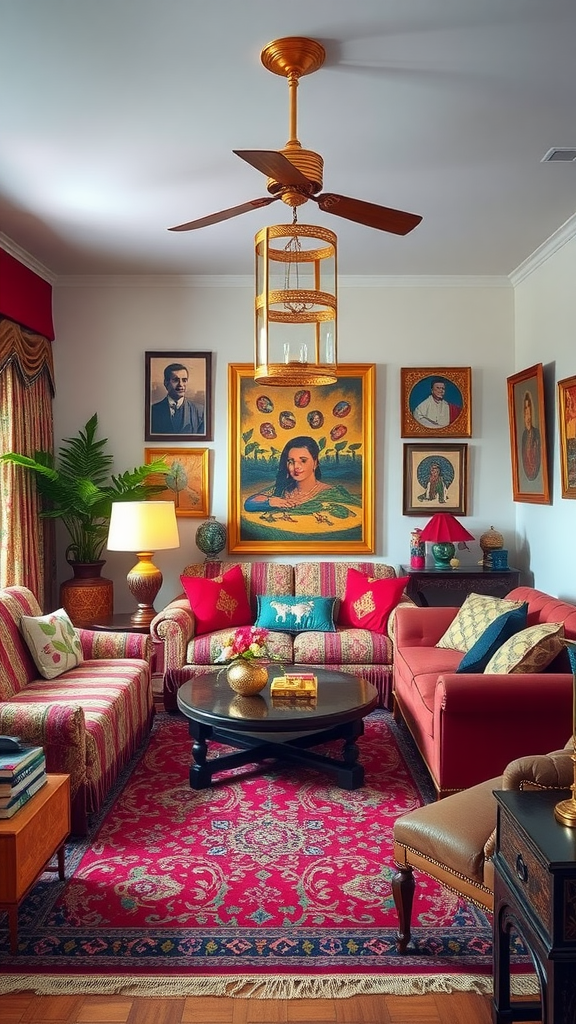 A vibrant living room with diverse cultural decor and colorful furnishings.