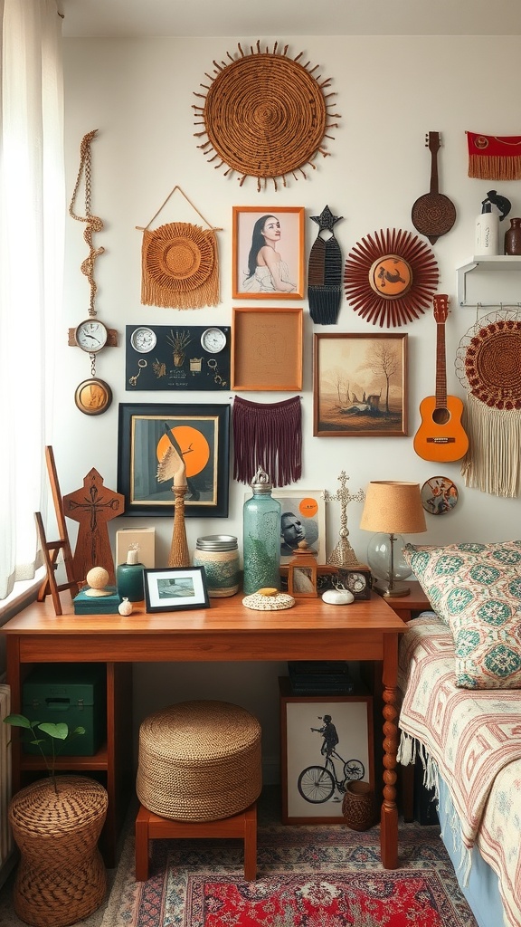 A cozy boho-inspired dorm room corner with a variety of cultural artifacts and accessories displayed on the wall and desk.