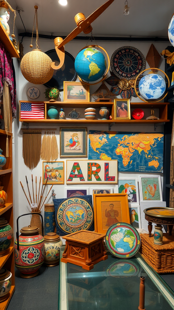 A vibrant display of cultural artifacts including globes, pottery, and framed art.