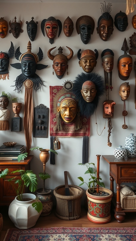 A collection of cultural masks displayed on a wall, surrounded by plants and wooden furniture.