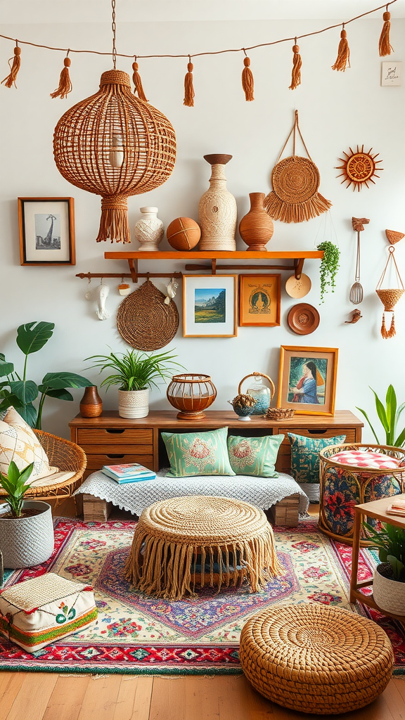 A cozy boho playroom featuring various cultural artifacts, including woven baskets, pottery, and framed art.