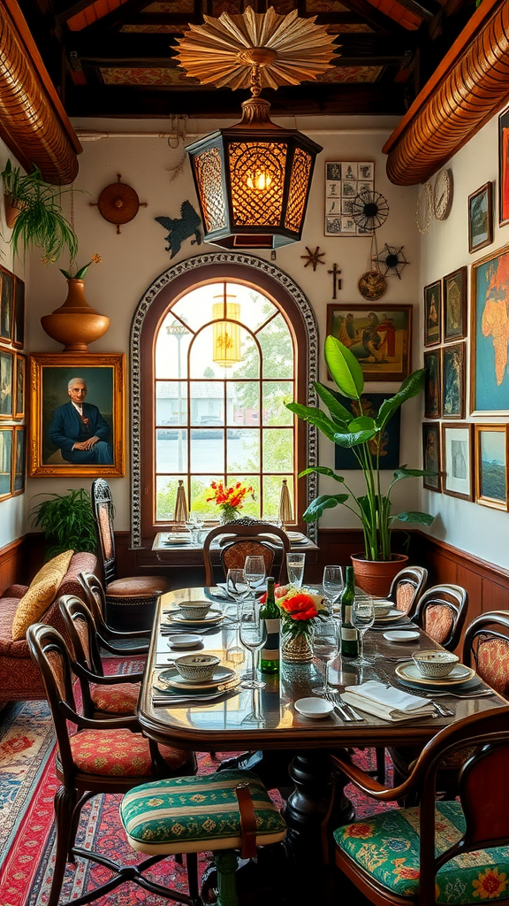 A cozy dining area with eclectic decor, featuring a large table set for a meal, colorful chairs, and various artworks on the walls.