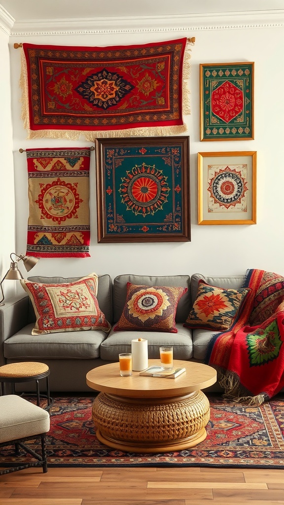 A cozy living room decorated with vibrant cultural textiles, including wall hangings and decorative pillows.